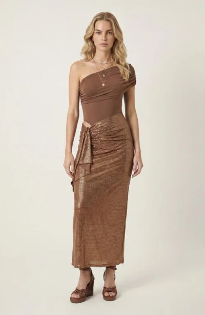 Modenaire One Shoulder Ruched Maxi Dress In Brown