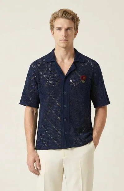 Modenaire Open Knit Short Sleeve Shirt In Blue