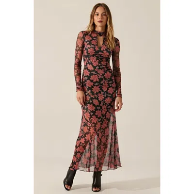 Modenaire Ornate Floral Mesh Maxi Dress With Mock Neck In Multi