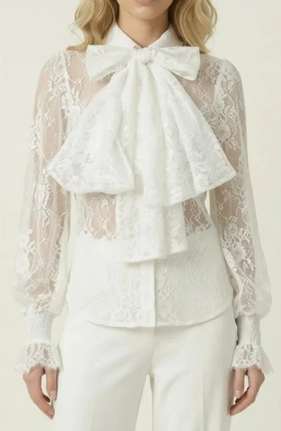 Modenaire Oversized Bow Tie Neck Ruffle Sheer Lace Blouse In White