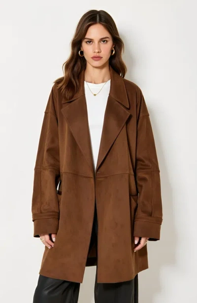 Modenaire Oversized Faux Suede Coat With Wide Lapels And Side Pockets In Brown
