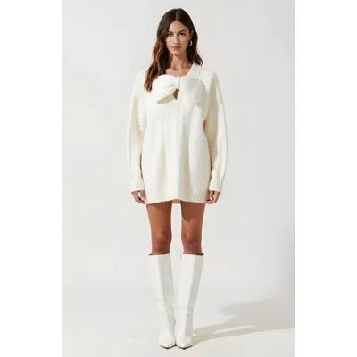 Modenaire Oversized Knit Sweater Dress With Statement Bow And Ribbed Trim In White