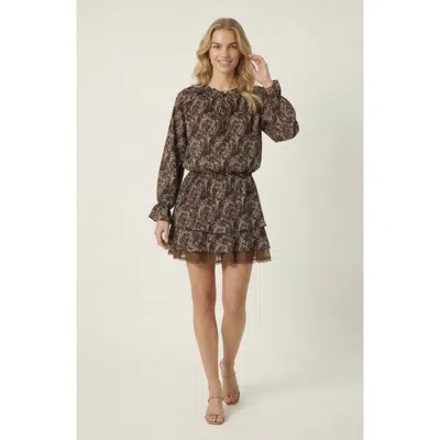 Modenaire Paisley Print Mini Dress With Tiered Skirt And Long Sleeves