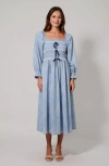 Modenaire Paisley Print Smocked Bodice Midi Dress With Bow Accents In Blue