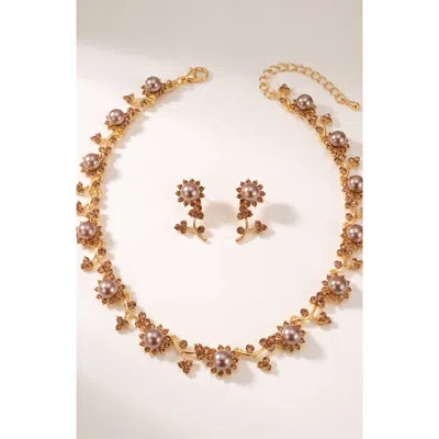 Modenaire Pearl And Crystal Floral Necklace And Earrings Set In Gold