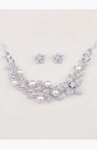 Modenaire Pearl Crystal Sharp Petal Necklace And Earring Set In White