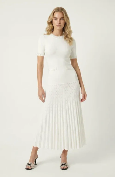Modenaire Pearl Embellished Fitted Waist Pleated Midi Knit Dress In White