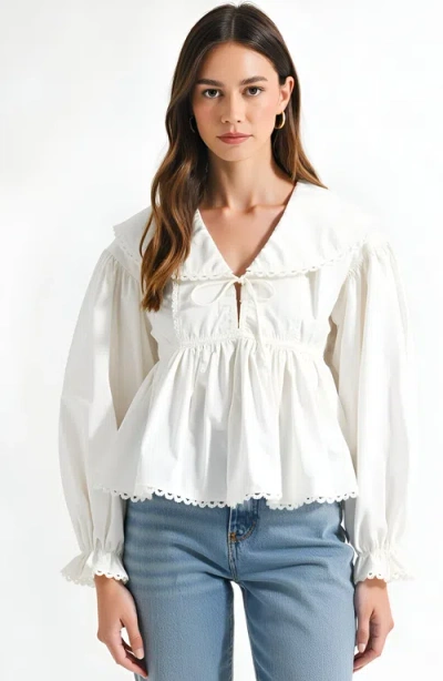 Modenaire Peplum Blouse With Oversized Collar, Scalloped Trim And Long Sleeves In White