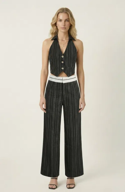Modenaire Pinstripe Halter Vest And Wide Leg Pants Set In Black