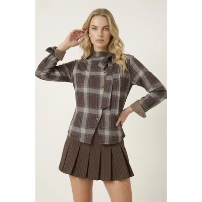 Modenaire Plaid Long Sleeve Button Up Blouse With Side Tie In Brown