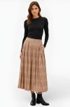 Modenaire Plaid Pleated Maxi Skirt With Elastic Waistband In Brown