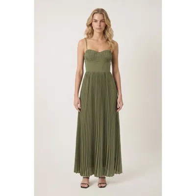 Modenaire Pleated Bustier Maxi Dress With Adjustable Straps And Smocked Back In Green