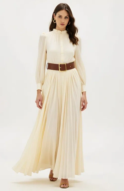 Modenaire Pleated Long Sleeve Maxi Dress With Ruffle Neck And Button Front In Neutral