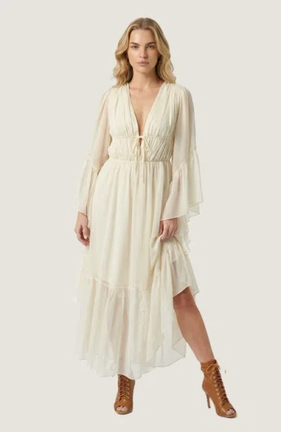Modenaire Plunging Neck Tie Waist Ruffle Sleeve Maxi Dress In Neutral