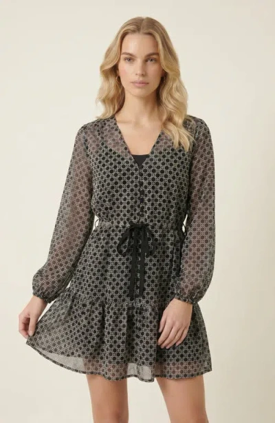 Modenaire Polka Dot Embroidered Lace V-neck Tie Waist Dress In Black