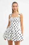 Modenaire Polka Dot Gathered Bust Flared Corset Bodice Mini Dress In White