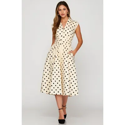 Modenaire Polka Dot Midi Shirt Dress With Cap Sleeves And Button Front In Multi