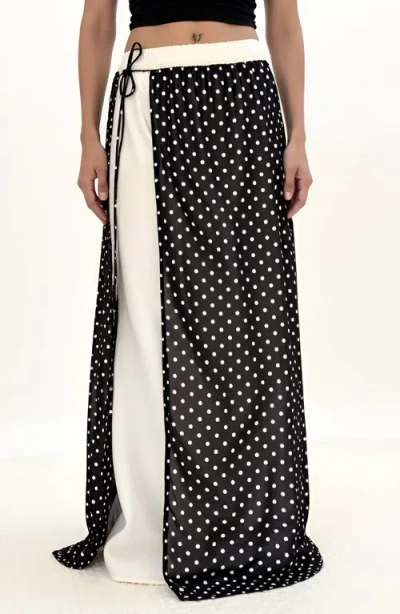 Modenaire Polka Dot Overlay Contrast Panel Side-tie Maxi Skirt In Black
