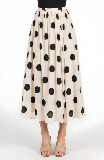 Modenaire Polka Dot Pleated Midi Skirt In White