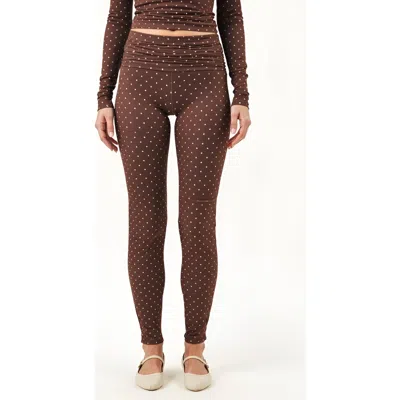 Modenaire Polka Dot Print High Waist Full-length Leggings With Wide Waistband In Brown