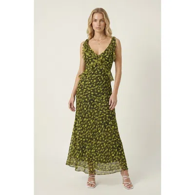 Modenaire Polka Dot Ruffle Midi Dress With Tie Shoulder Straps In Green