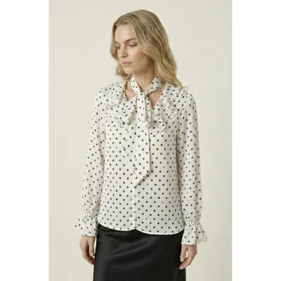 Modenaire Polka Dot Tie Neck Blouse In White