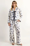 Modenaire Printed Button-up Pajama Set With Contrast Trim And Ribbon Tie In White