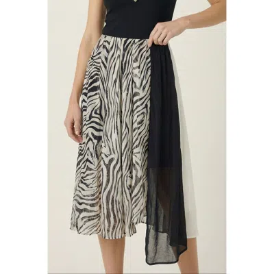 Modenaire Printed Sheer Overlay Asymmetrical Panel Midi Skirt In Black