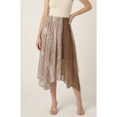 Modenaire Printed Sheer Overlay Asymmetrical Panel Midi Skirt In Brown
