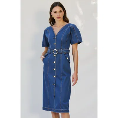 Modenaire Puff-sleeve Button-up Midi Dress In Blue