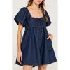 Modenaire Puff-sleeve Romper With Tie Front In Blue