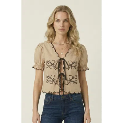 Modenaire Puff Sleeve Embroidered Front Tie Blouse In Neutral
