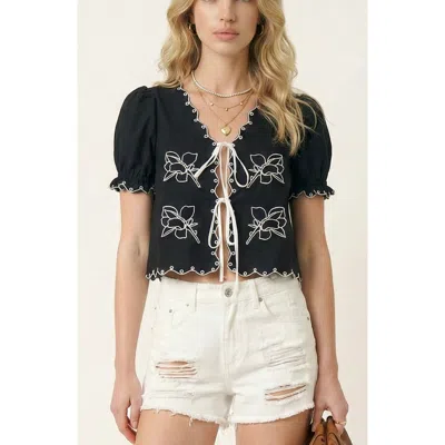Modenaire Puff Sleeve Embroidered Front Tie Blouse In Black