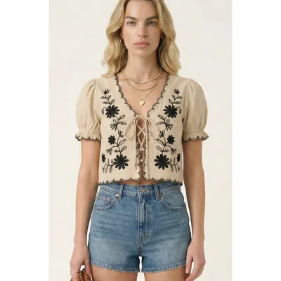 Modenaire Puff Sleeve Embroidered Front Tie Blouse In Neutral