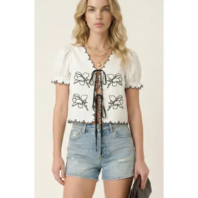 Modenaire Puff Sleeve Embroidered Front Tie Blouse In White