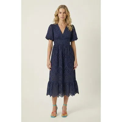 Modenaire Puff Sleeve Eyelet Smocked Midi Dress In Blue