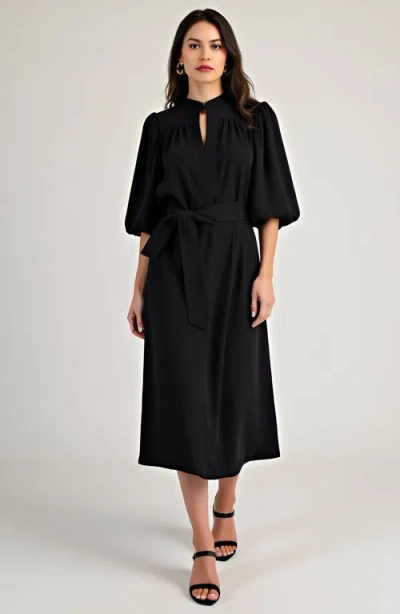 Modenaire Puff Sleeve Midi Dress With Belt In Black