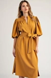 Modenaire Puff Sleeve Midi Dress With Belt In Multi