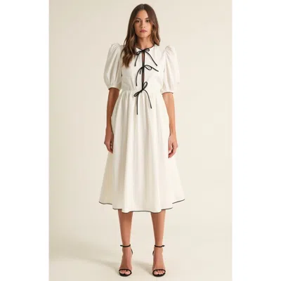 Modenaire Puff Sleeve Midi Dress With Tiered Front Ties And Contrast Trim