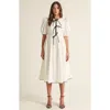 Modenaire Puff Sleeve Midi Dress With Tiered Front Ties And Contrast Trim