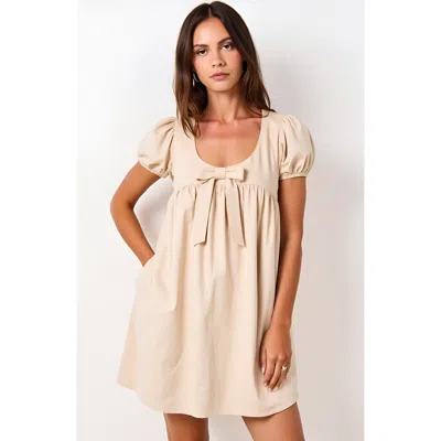 Modenaire Puff Sleeve Mini Dress With Bow Detail In Brown