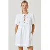 Modenaire Puff Sleeve Mini Dress With Keyhole Front And Bow Tie Detail In White