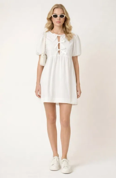 Modenaire Puff Sleeve Mini Dress With Keyhole Front And Bow Tie Detail In Multi
