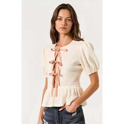 Modenaire Puff-sleeve Peplum Blouse With Bow-tie Front Detail