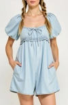 Modenaire Puff Sleeve Romper With Tie Front And Relaxed Flowy Fit
