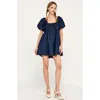 Modenaire Puff-sleeve Romper With Tie Front In Blue