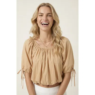 Modenaire Puff Sleeve Short Top With Gathered Neckline In Yellow