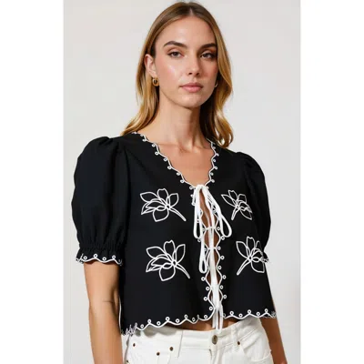 Modenaire Puff Sleeve Tie-front Blouse With Floral Embroidery And Eyelet Trim