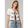 Modenaire Puff Sleeve Tie-front Blouse With Floral Embroidery And Eyelet Trim