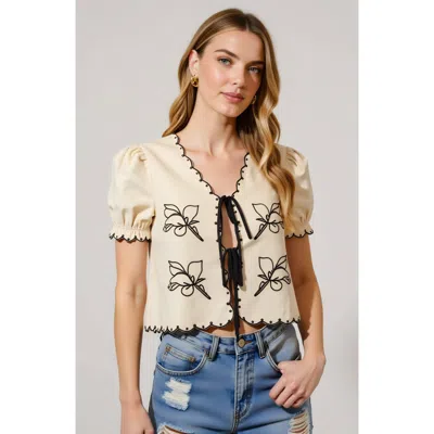 Modenaire Puff Sleeve Tie-front Blouse With Floral Embroidery And Eyelet Trim